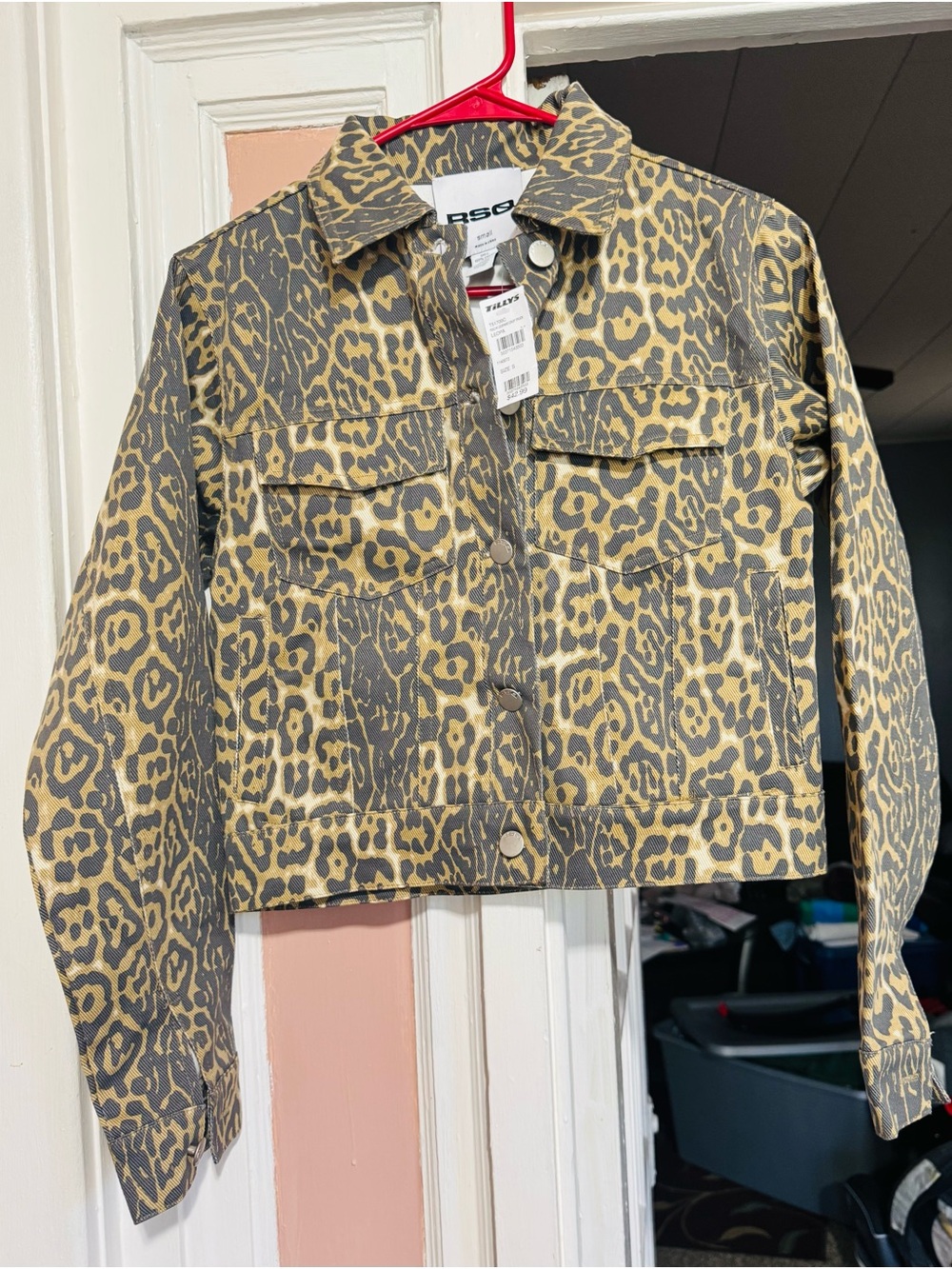 RSQ Yellow and Gray Leopard Print Cropped Jean Jacket